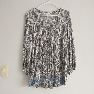 Rose&Olive Top Tunic Popover Womens 1X Multicolor Paisley Pintuck Puff Sleeve